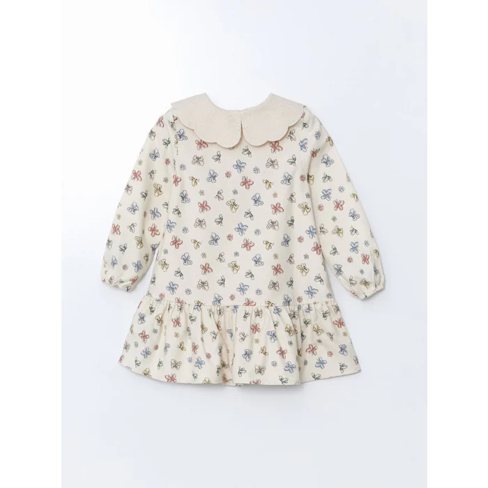 LCW Kids EKRU Bebe Yaka Kurdele Desenli Kız Çocuk Elbise