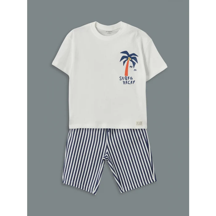 LCW Kids EKRU Bisiklet Yaka Baskılı Erkek Çocuk Tişört ve Şort 2li