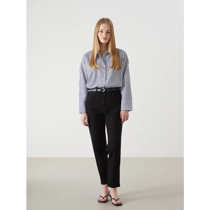 LCW Jeans SİYAH Beli Kemerli Mom Fit Kadın Jean Pantolon