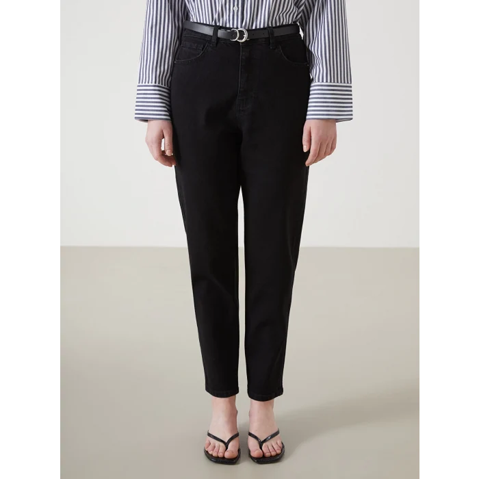 LCW Jeans SİYAH Beli Kemerli Mom Fit Kadın Jean Pantolon