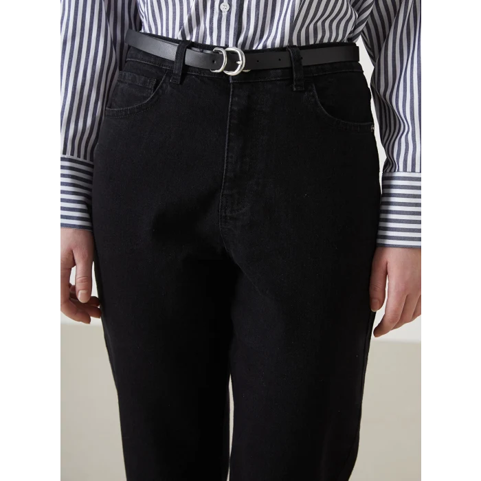 LCW Jeans SİYAH Beli Kemerli Mom Fit Kadın Jean Pantolon