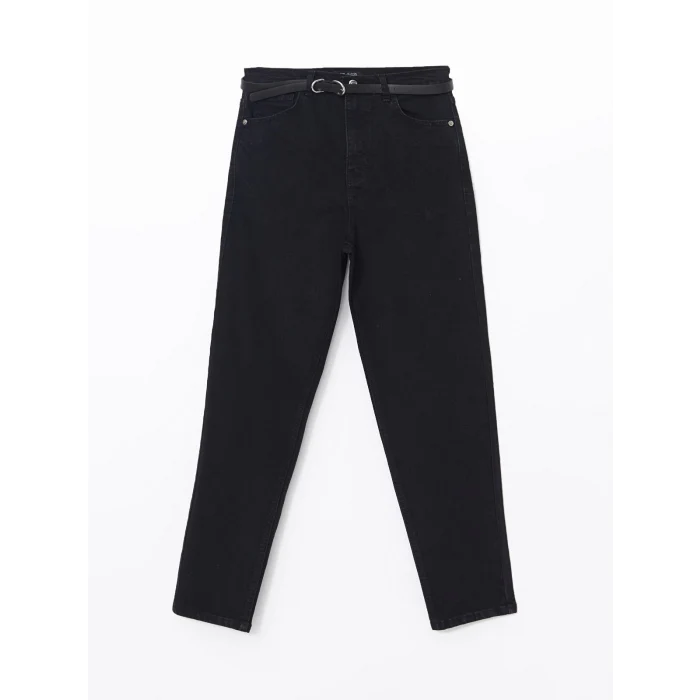 LCW Jeans SİYAH Beli Kemerli Mom Fit Kadın Jean Pantolon