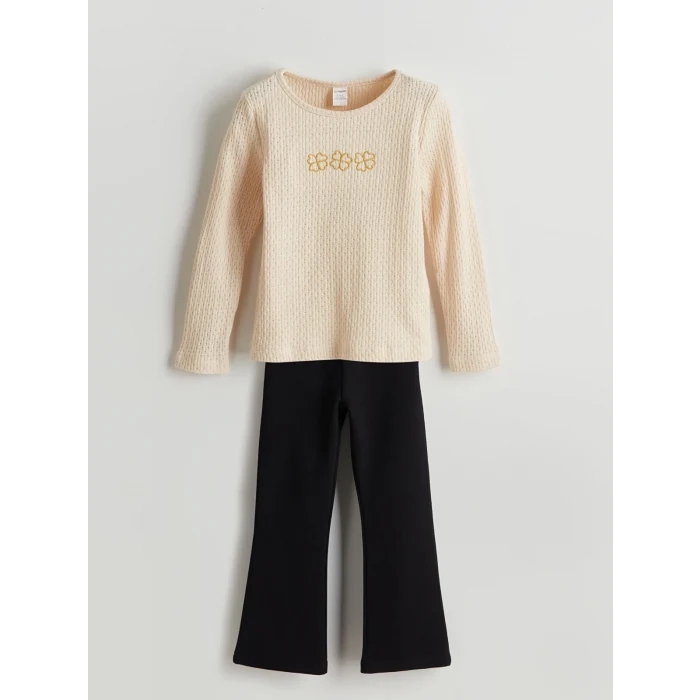 LCW Kids BEJ Bisiklet Yaka Kız Çocuk Bluz ve Tayt Pantolon 2li