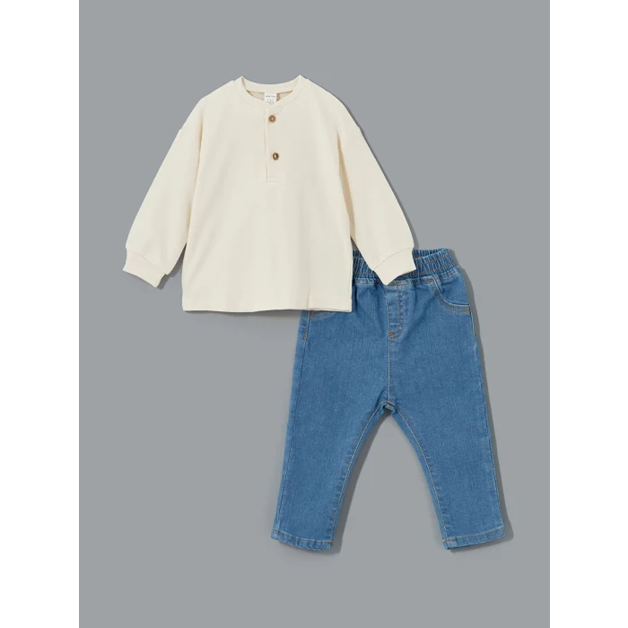 LCW baby EKRU Bisiklet Yaka Basic Erkek Bebek Sweatshirt ve Pantolon 2li