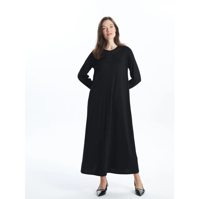 LCW Grace SİYAH Bisiklet Yaka Parlak Taşlı Kadın Elbise