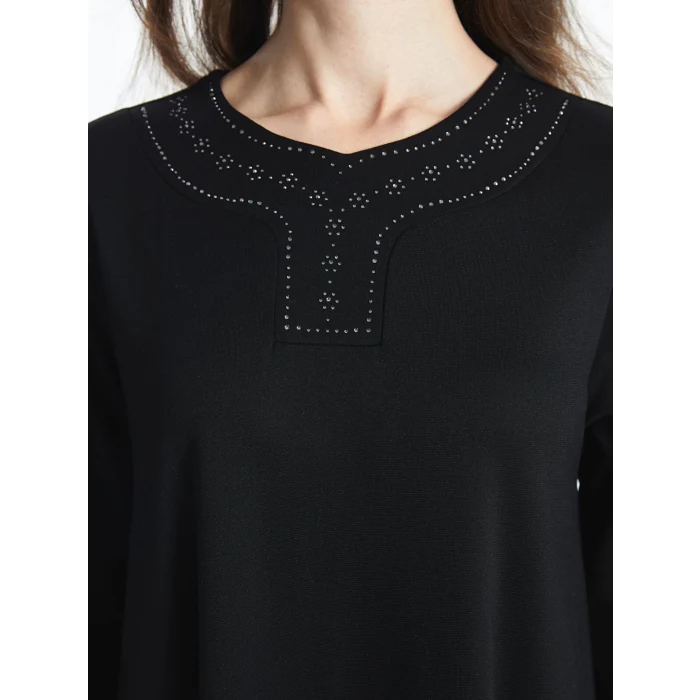 LCW Grace SİYAH Bisiklet Yaka Parlak Taşlı Kadın Elbise