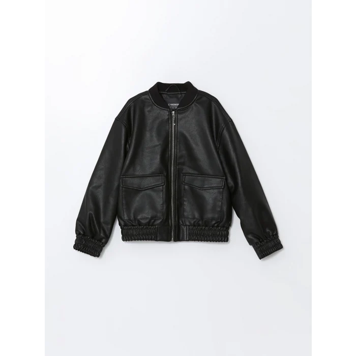 LCW Kids SİYAH Deri Görünümlü Kız Çocuk Mont