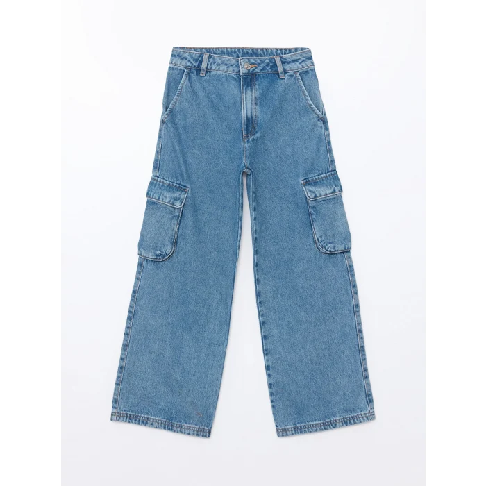 LCW Kids MAVİ Beli Ayarlanabilir Lastikli Kız Çocuk Kargo Jean Pantolon