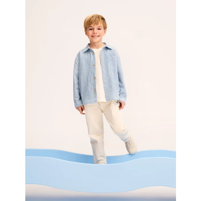 LCW Kids MAVİ Çizgili Keten Erkek Çocuk Gömlek