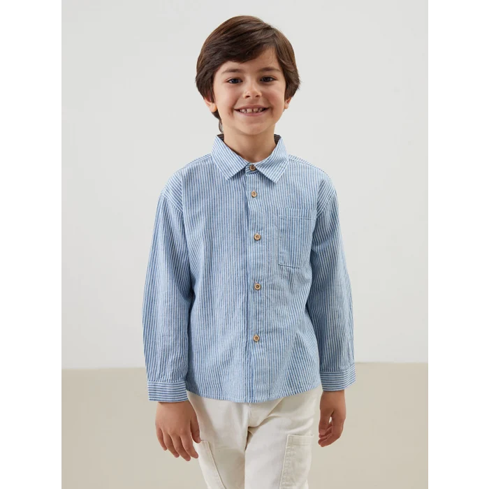 LCW Kids MAVİ Çizgili Keten Erkek Çocuk Gömlek