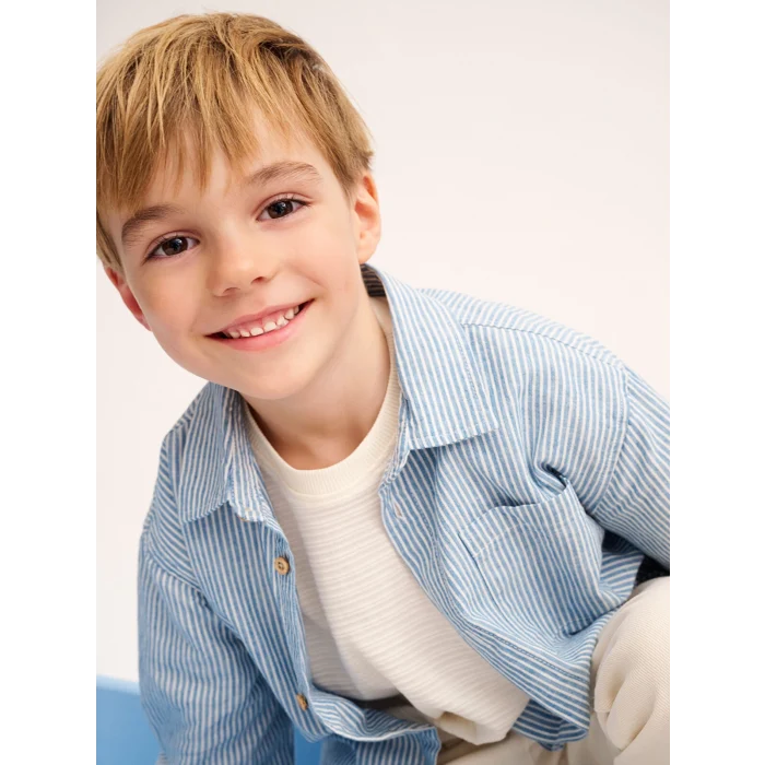 LCW Kids MAVİ Çizgili Keten Erkek Çocuk Gömlek