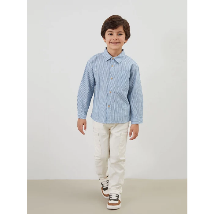 LCW Kids MAVİ Çizgili Keten Erkek Çocuk Gömlek