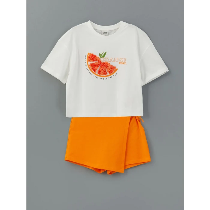 LCW Kids EKRU Bisiklet Yaka Kız Çocuk Tişört ve Şort Etek