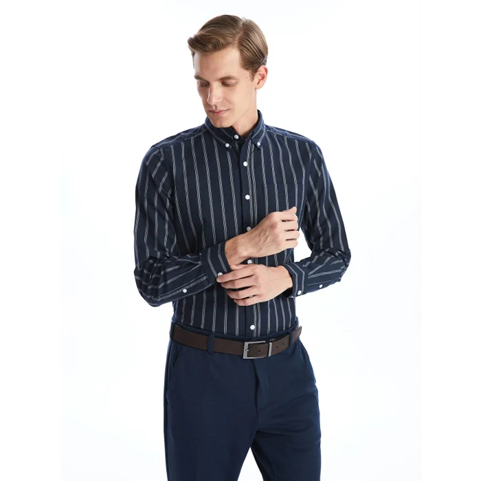 LCWAIKIKI Classic LACİVERT Regular Fit Uzun Kollu Çizgili Erkek Gömlek