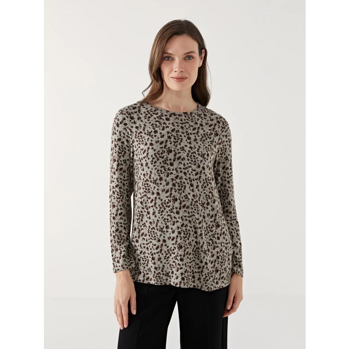 LC WAIKIKI BEJ Bisiklet Yaka Leopar Desenli Kadın Bluz