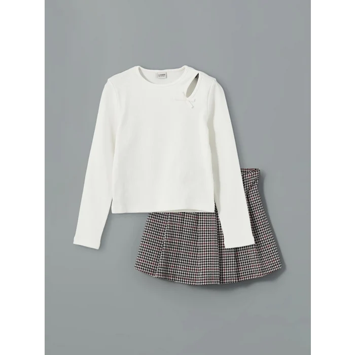 LCW Kids EKRU Bisiklet Yaka Kız Çocuk Tişört ve Şort Etek