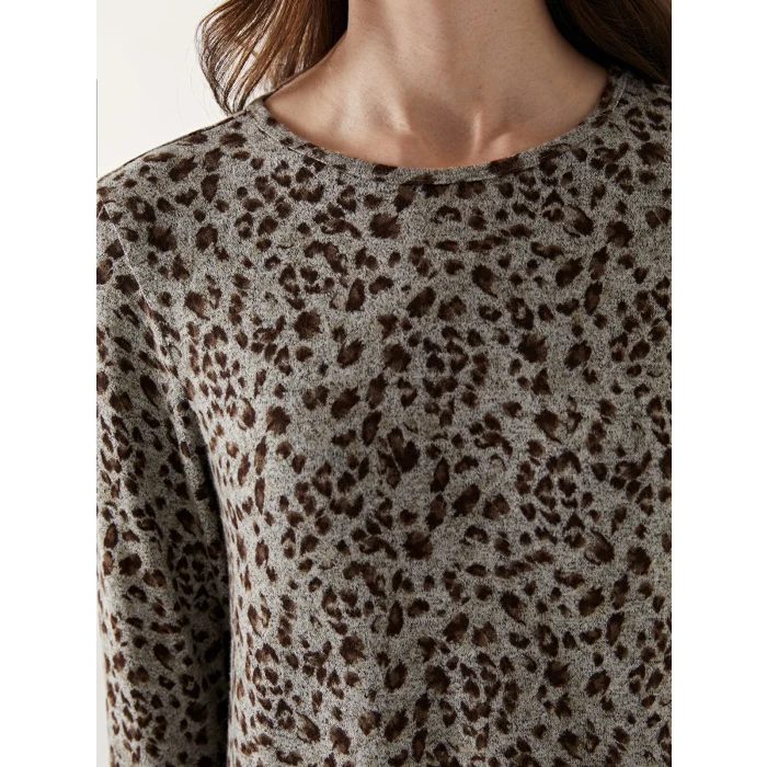 LC WAIKIKI BEJ Bisiklet Yaka Leopar Desenli Kadın Bluz