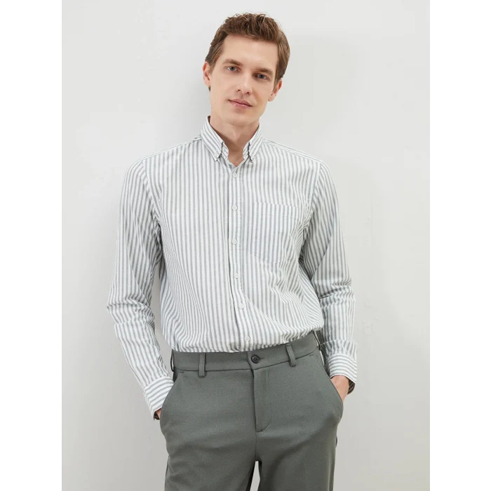 LCWAIKIKI Classic YEŞİL Regular Fit Uzun Kollu Çizgili Erkek Gömlek