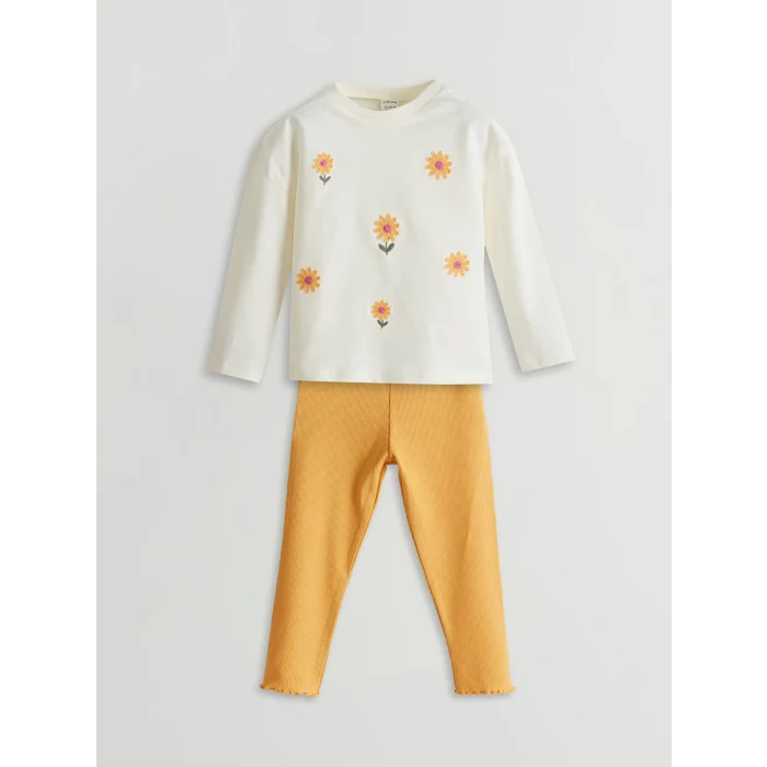 LCW baby EKRU Bisiklet Yaka Çiçekli Kız Bebek Bluz ve Tayt 2li