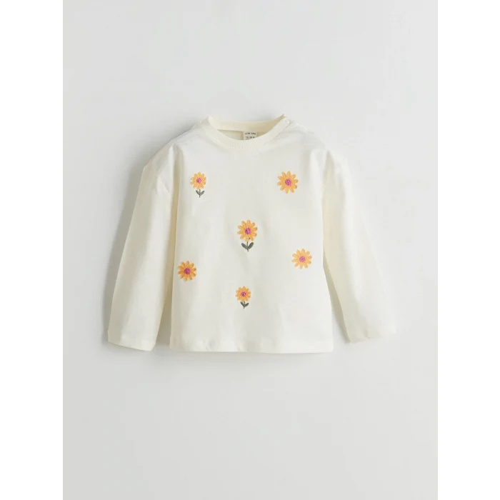 LCW baby EKRU Bisiklet Yaka Çiçekli Kız Bebek Bluz ve Tayt 2li