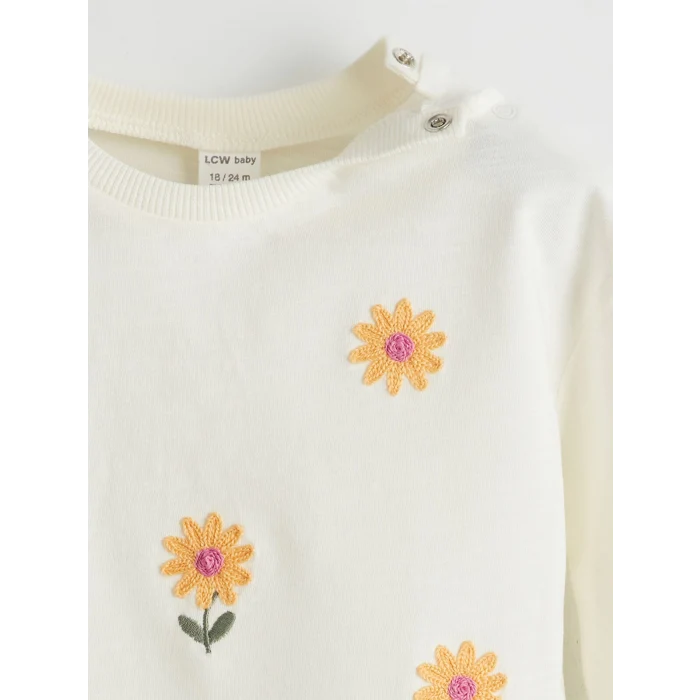 LCW baby EKRU Bisiklet Yaka Çiçekli Kız Bebek Bluz ve Tayt 2li