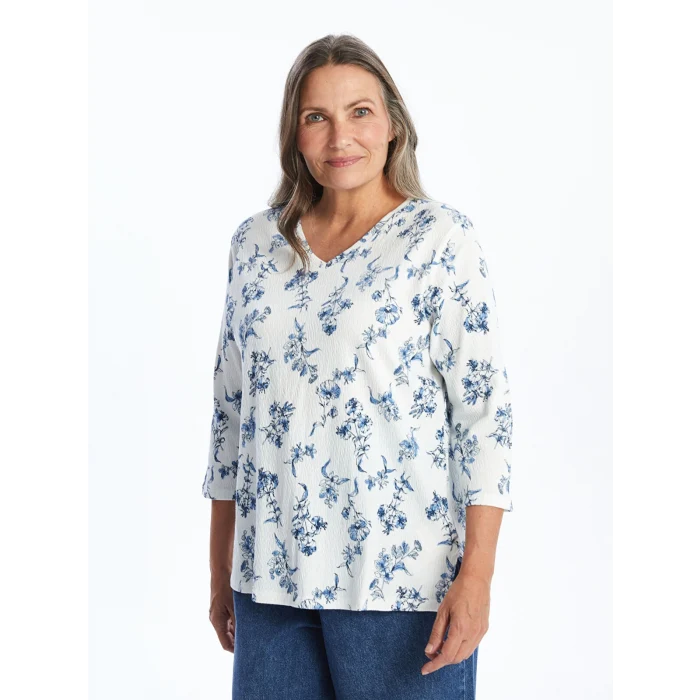 LCW Grace EKRU V Yaka Desenli Kadın Bluz