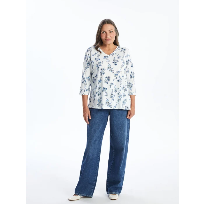 LCW Grace EKRU V Yaka Desenli Kadın Bluz