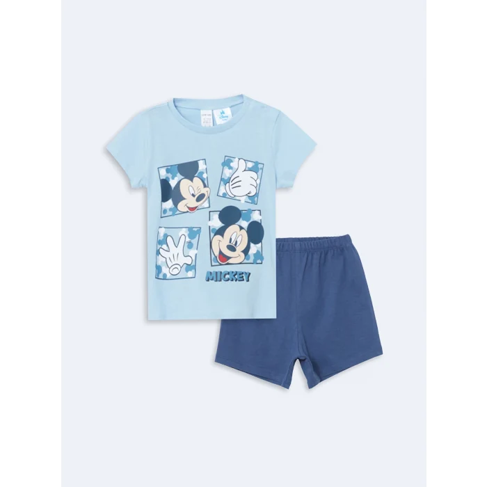 LCW baby MAVİ Bisiklet Yaka Mickey Mouse Baskılı Erkek Bebek Şortlu Pijama Takımı