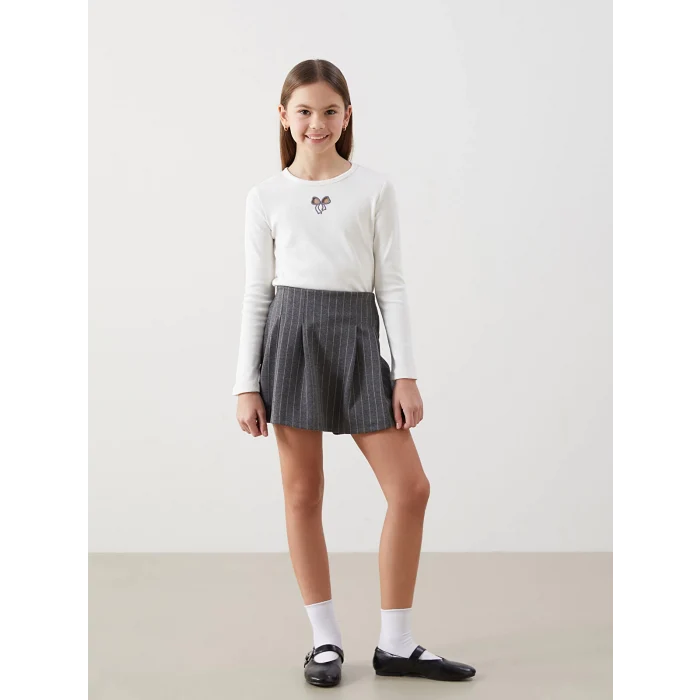 LCW Kids EKRU Bisiklet Yaka Kız Çocuk Tişört ve Şort Etek