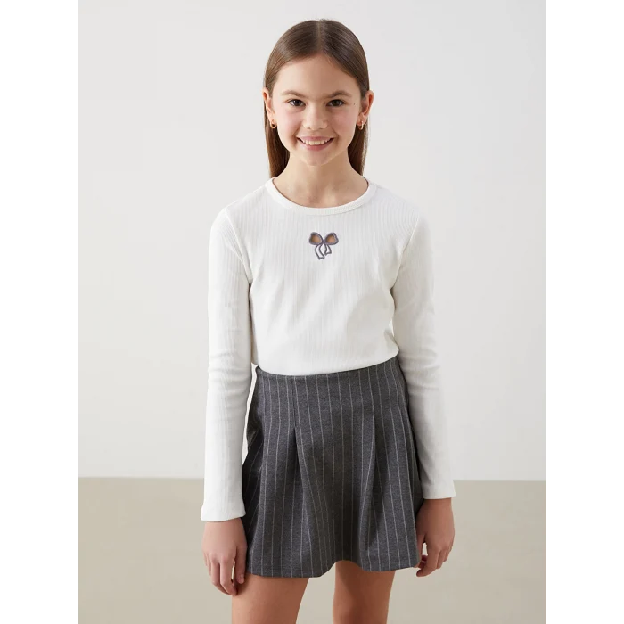 LCW Kids EKRU Bisiklet Yaka Kız Çocuk Tişört ve Şort Etek