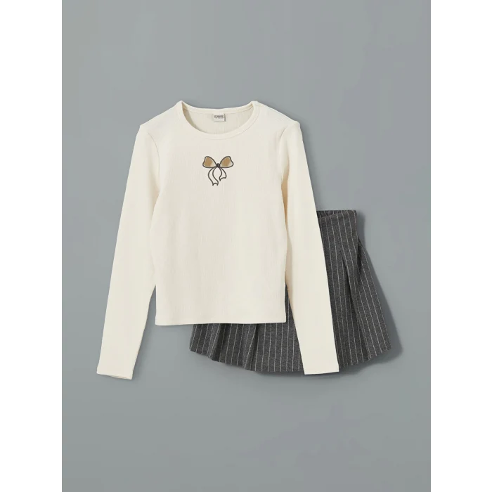 LCW Kids EKRU Bisiklet Yaka Kız Çocuk Tişört ve Şort Etek