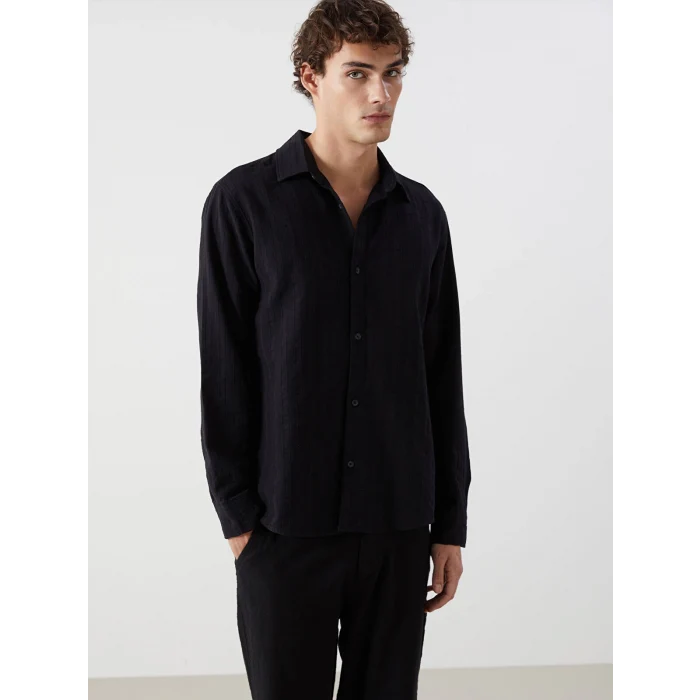 XSIDE SİYAH Regular Fit Uzun Kollu Armürlü Erkek Gömlek