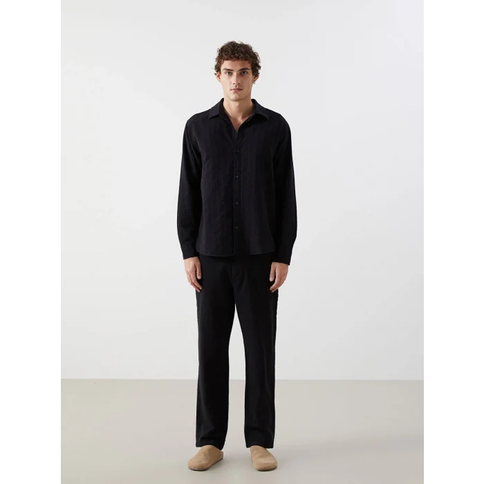 XSIDE SİYAH Regular Fit Uzun Kollu Armürlü Erkek Gömlek