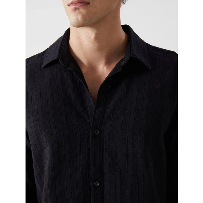 XSIDE SİYAH Regular Fit Uzun Kollu Armürlü Erkek Gömlek