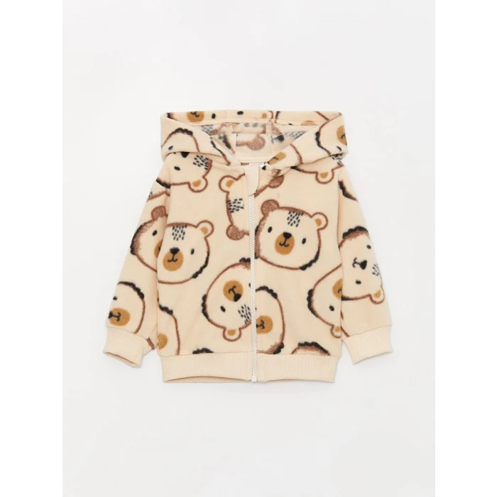 LCW baby BEJ Kapüşonlu Desenli Polar Erkek Bebek Fermuarlı Sweatshirt ve Eşofman Altı 2li Takım