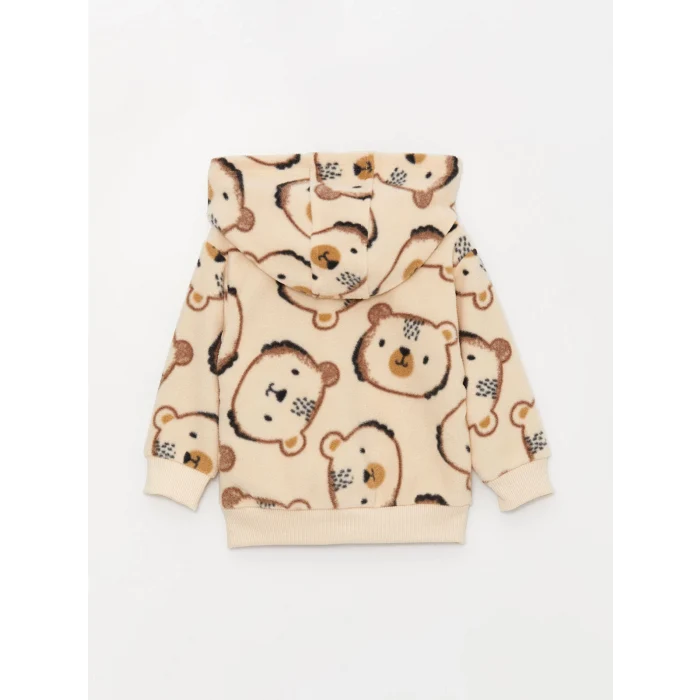 LCW baby BEJ Kapüşonlu Desenli Polar Erkek Bebek Fermuarlı Sweatshirt ve Eşofman Altı 2li Takım
