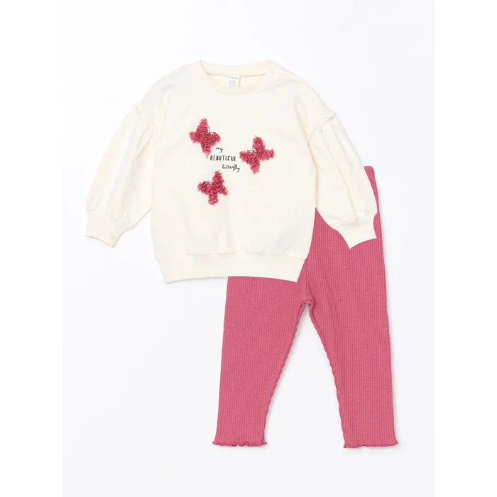 LCW baby EKRU Bisiklet Yaka Uzun Kollu Baskılı Kız Bebek Sweatshirt ve Tayt 2li Takım