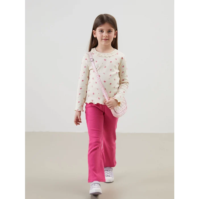 LCW Kids EKRU Çiçekli Dantelli Kız Çocuk Tişört ve Tayt 2li