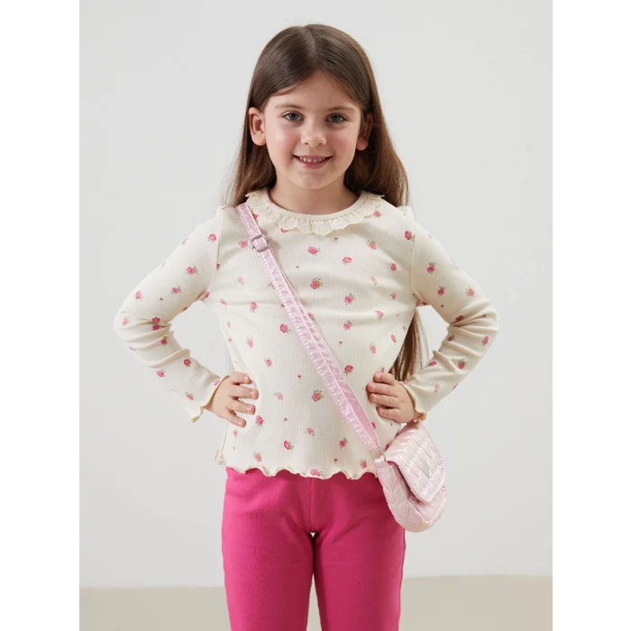 LCW Kids EKRU Çiçekli Dantelli Kız Çocuk Tişört ve Tayt 2li