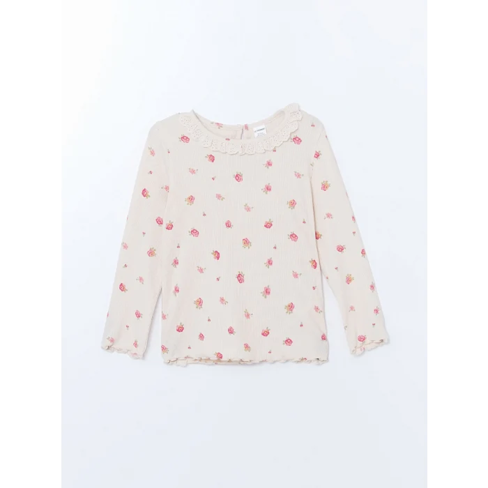 LCW Kids EKRU Çiçekli Dantelli Kız Çocuk Tişört ve Tayt 2li