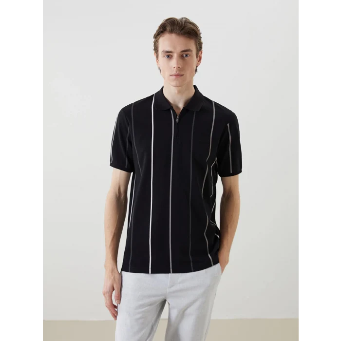 LCW Vision SİYAH Polo Yaka Kısa Kollu Çizgili Pike Erkek Tişört