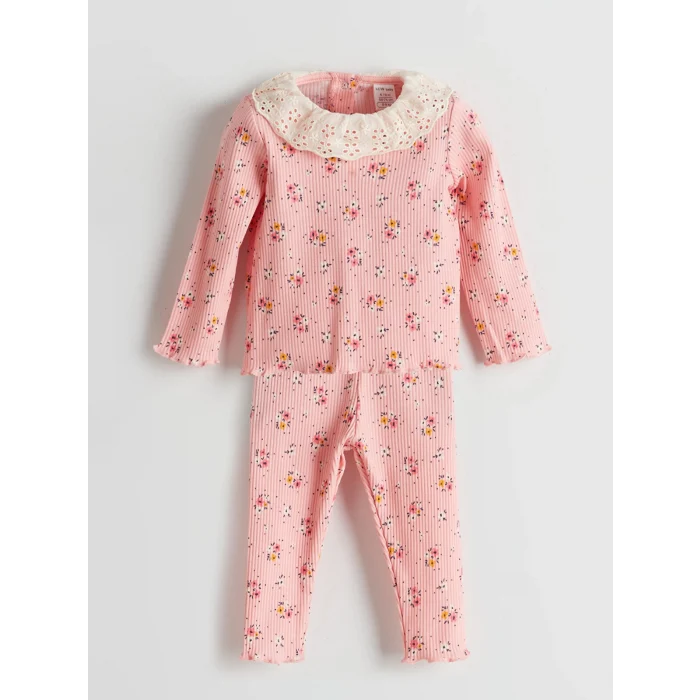 LCW baby PEMBE Bisiklet Yaka Çiçekli Kız Bebek Bluz ve Tayt 2li