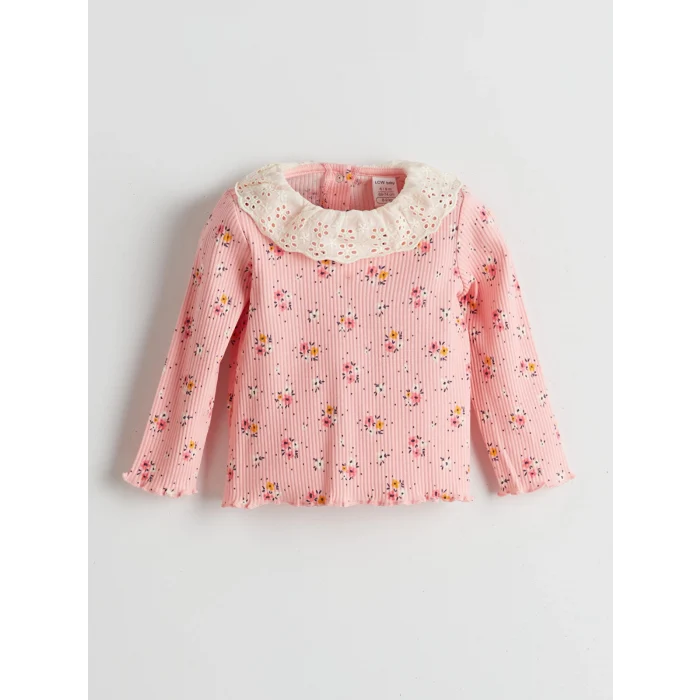 LCW baby PEMBE Bisiklet Yaka Çiçekli Kız Bebek Bluz ve Tayt 2li