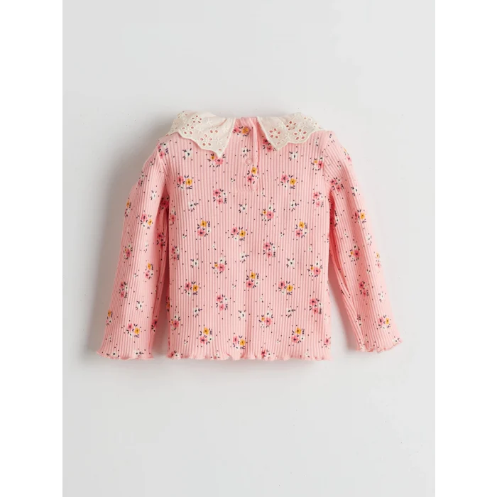 LCW baby PEMBE Bisiklet Yaka Çiçekli Kız Bebek Bluz ve Tayt 2li