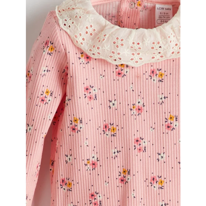 LCW baby PEMBE Bisiklet Yaka Çiçekli Kız Bebek Bluz ve Tayt 2li