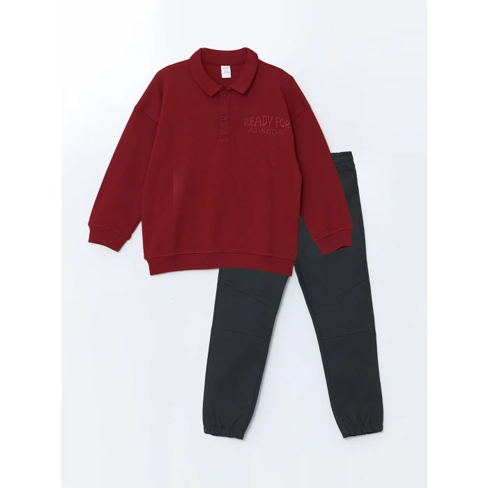 LCW Kids BORDO Polo Yaka Nakışlı Erkek Çocuk Sweatshirt ve Eşofman Alt 2li Takım