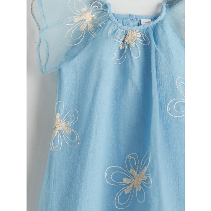 LCW Kids MAVİ Bisiklet Yaka Kız Çocuk Dantel Elbise