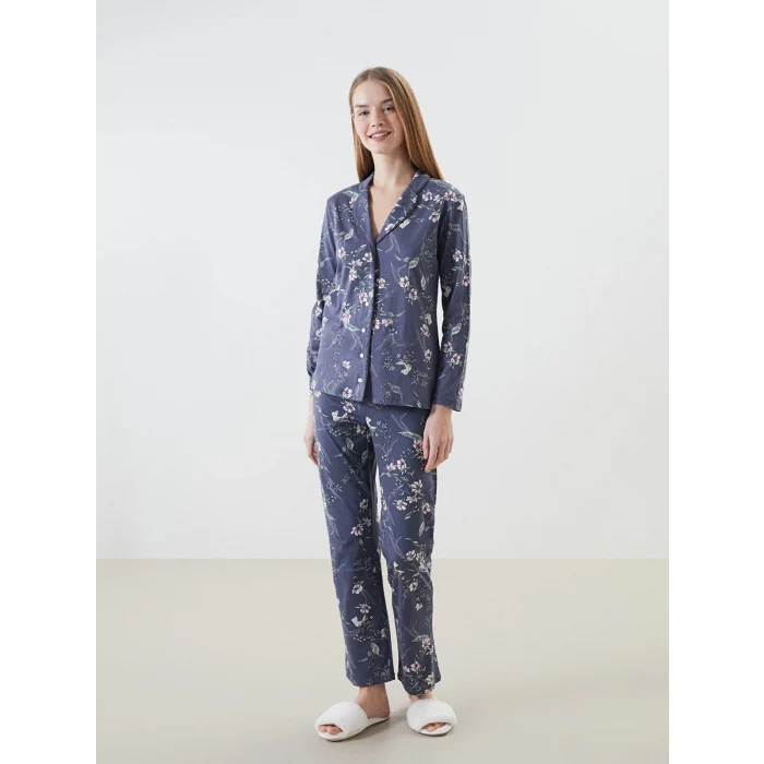 LCW DREAM ANTRASİT Gömlek Yaka Çiçekli Kadın Pijama Takım