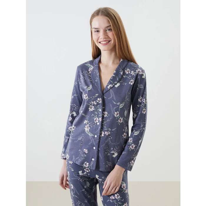 LCW DREAM ANTRASİT Gömlek Yaka Çiçekli Kadın Pijama Takım