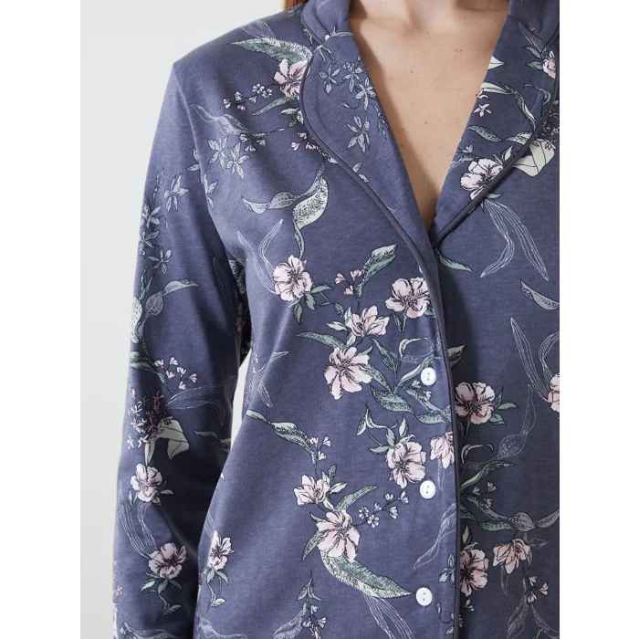 LCW DREAM ANTRASİT Gömlek Yaka Çiçekli Kadın Pijama Takım